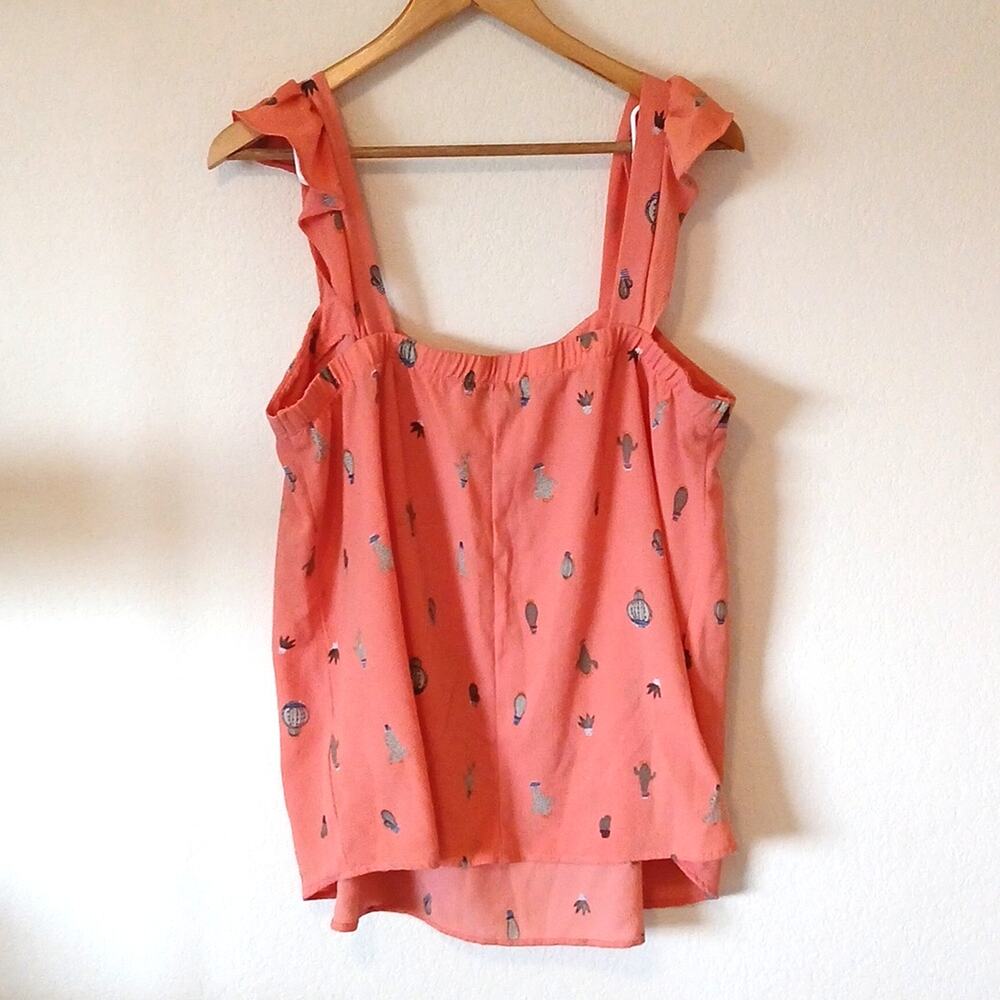 Torrid Coral Cactus Print Ruffle Crepe Tank Blouse - Picture 3 of 7
